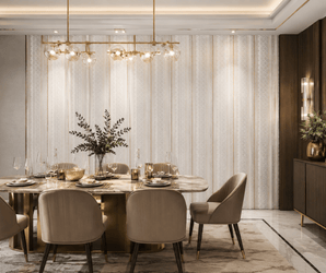 Elegant dining room featuring a marble table, beige chairs, gold light fixture, decorative plants, tableware, and a sideboard set against the striking Pearl Gold Geometric PS Wall Panel. Warm ambient lighting highlights this feature wall, creating a cozy atmosphere.