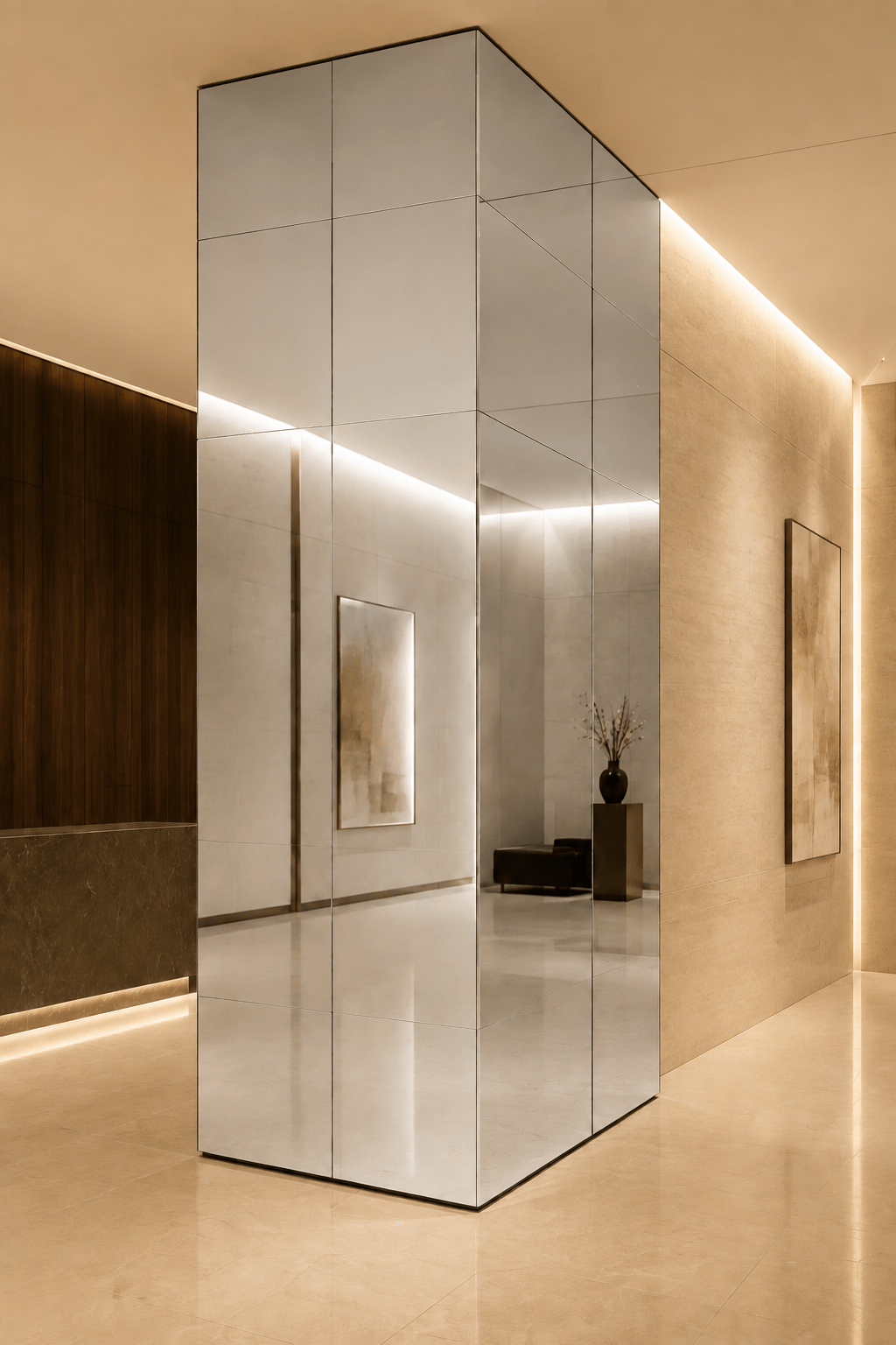 Polished silver mirror wall panel in a modern interior