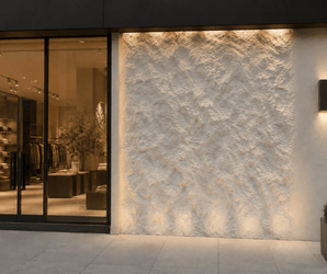 Storefront with a large feature wall clad in Rocky White PU Stone Panels, its textured beige surface illuminated by soft lights. To the left, glass doors reveal a modern interior with clothing racks and a potted tree. A planter and wall sconce are visible on the right.