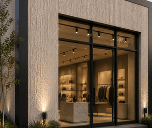 Flexible Clay Wall Tiles on modern store interior wall, large glass windows, minimalist lighting at dusk.