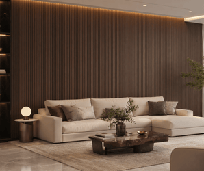 PS decorative wall panels in a modern living room with beige sofa, coffee table, plants, and warm lighting.
