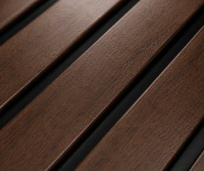 Dark brown PS decorative wall panels with visible wood grain and black gaps, used as modern wall cladding.