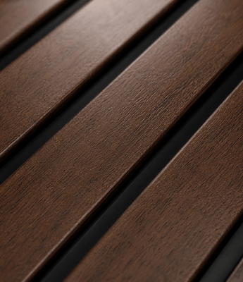 Dark brown PS decorative wall panels with visible wood grain and black gaps, used as modern wall cladding.