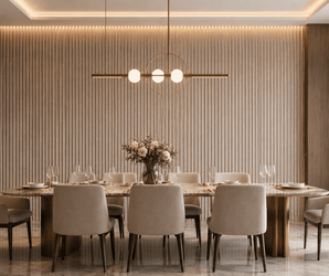 Certainly! Here’s the rewritten sentence including the product data: Elegant dining room with a long marble table, eight upholstered chairs, a modern gold chandelier, flower centerpiece, glass display shelves, and soft lighting against a textured wall featuring Taupe Gold Fluted PS Wall Panels and a large window with sheer curtains.