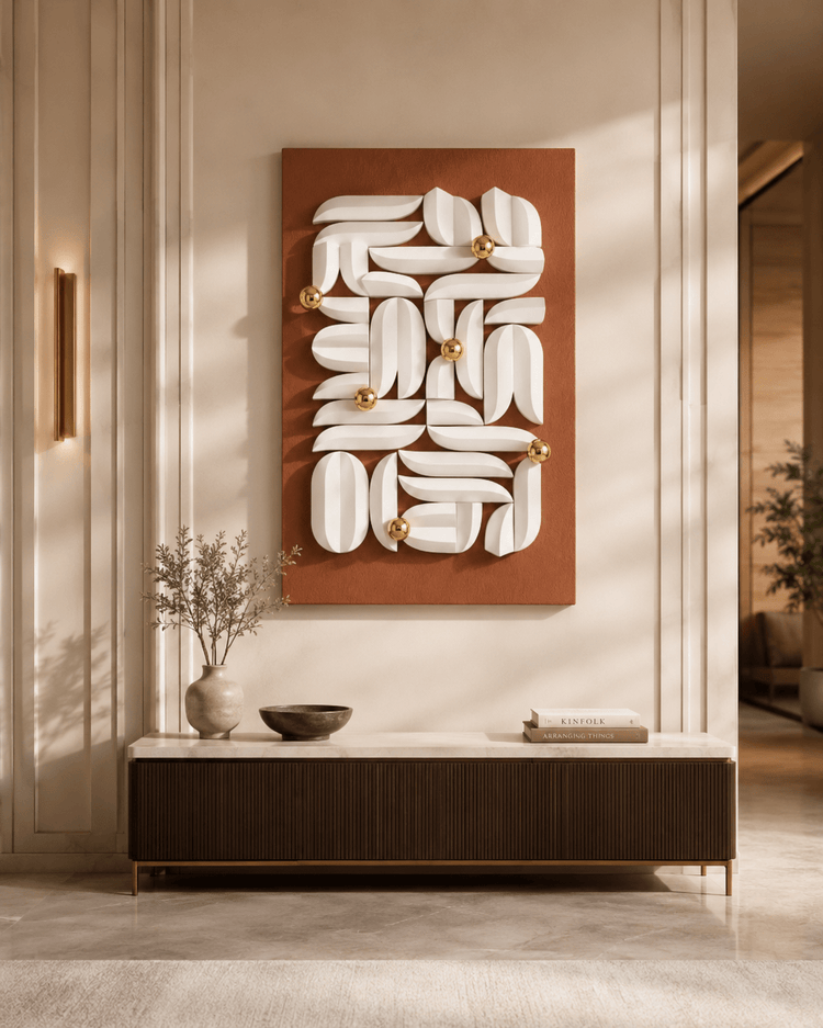 Terracotta & White 3D Abstract Wall Art with Gold Accents by Wallsmark INC mounted above a marble console table.