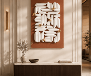 Terracotta & White 3D Abstract Wall Art with Gold Accents by Wallsmark INC mounted above a marble console table.