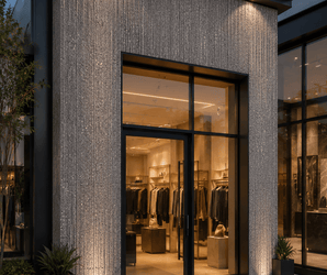A modern clothing store with tall glass doors, illuminated exterior lights, and neatly arranged clothes visible inside. Terraz Soft Stone decorative wall panels accent the facade, adding a refined touch alongside two potted plants on either side of the entrance.
