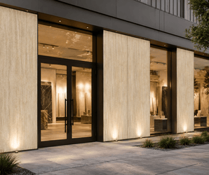 A modern storefront features large glass doors and windows complemented by Travertine classic stone panels and warm lighting. Minimalist landscaping with grasses lines the sidewalk in front of the building, while a striking feature wall inside enhances the contemporary aesthetic.