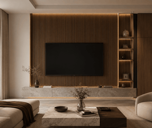 PS decorative wall panels on wood panel wall in modern living room with built-in shelves and large TV.