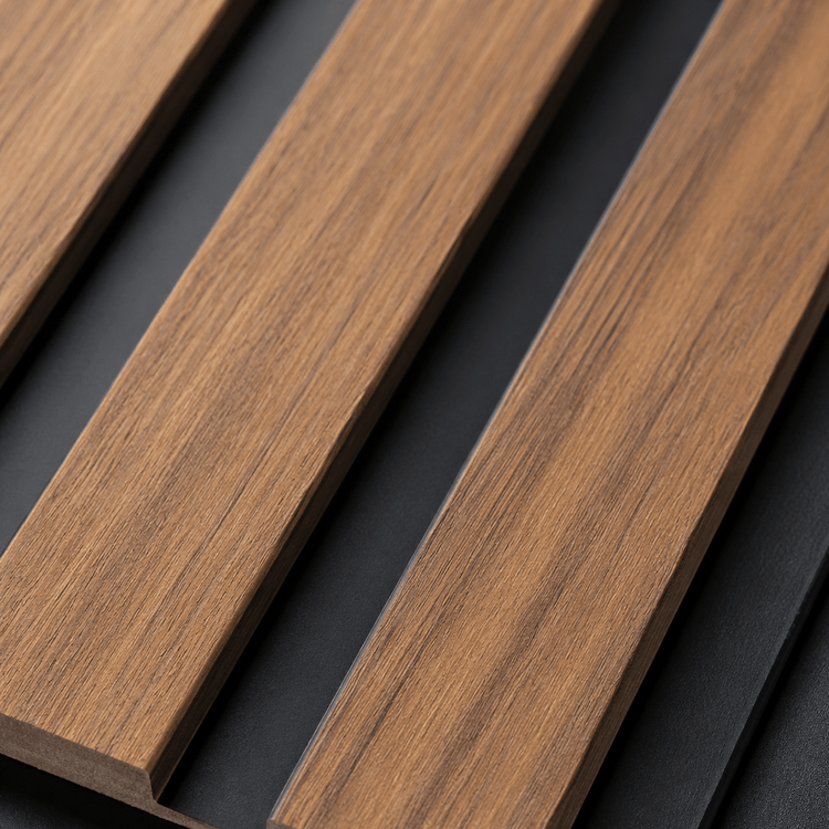 PS decorative wall panels with three parallel wooden planks on a dark surface for wall covering applications.