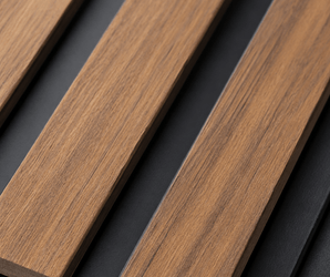 PS decorative wall panels with three parallel wooden planks on a dark surface for wall covering applications.