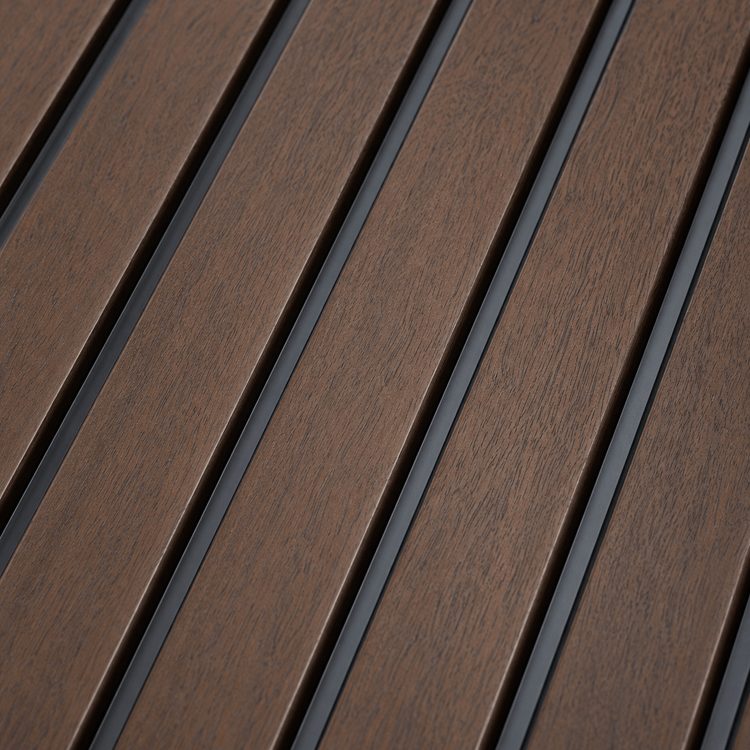 Close-up of Walnut Noir Fluted PS Wall Panel, featuring rich brown wooden planks arranged diagonally with slim black gaps between each plank, creating a modern, geometric pattern ideal for architectural wall panel applications.