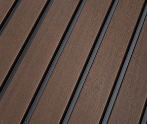 Close-up of Walnut Noir Fluted PS Wall Panel, featuring rich brown wooden planks arranged diagonally with slim black gaps between each plank, creating a modern, geometric pattern ideal for architectural wall panel applications.