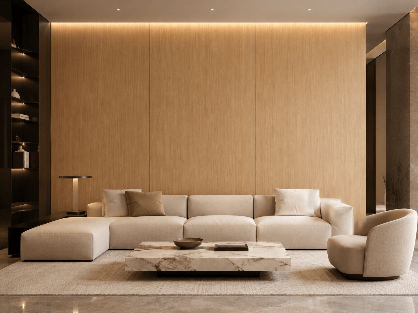 WALLSMARK Whit Oak 5mm paneled feature wall behind beige sofa, marble table, and accent chair in minimalist living room.