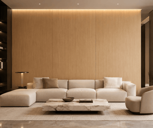 WALLSMARK Whit Oak 5mm paneled feature wall behind beige sofa, marble table, and accent chair in minimalist living room.