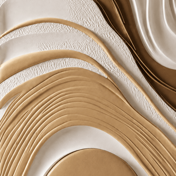 Layered wavy wall art in brown and beige tones with a textured 3D abstract pattern.
