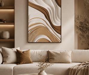 Beige living room with sculptural wall art, neutral pillows, round coffee table, and shelving with decorative vases.