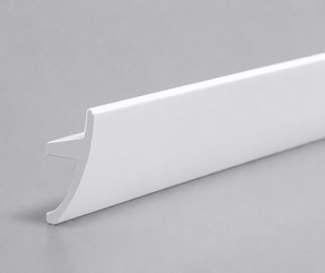 White L-shaped modern baseboard trim, angled side view, displayed on a gray background.