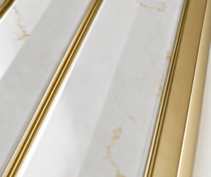 Close-up of a surface showcasing the White Gold Slim PS Wall Panel, featuring diagonal white panels with subtle marbling and metallic gold trim accents. This design creates an elegant, modern, and luxurious appearance, making it a stunning choice for contemporary wall decor.