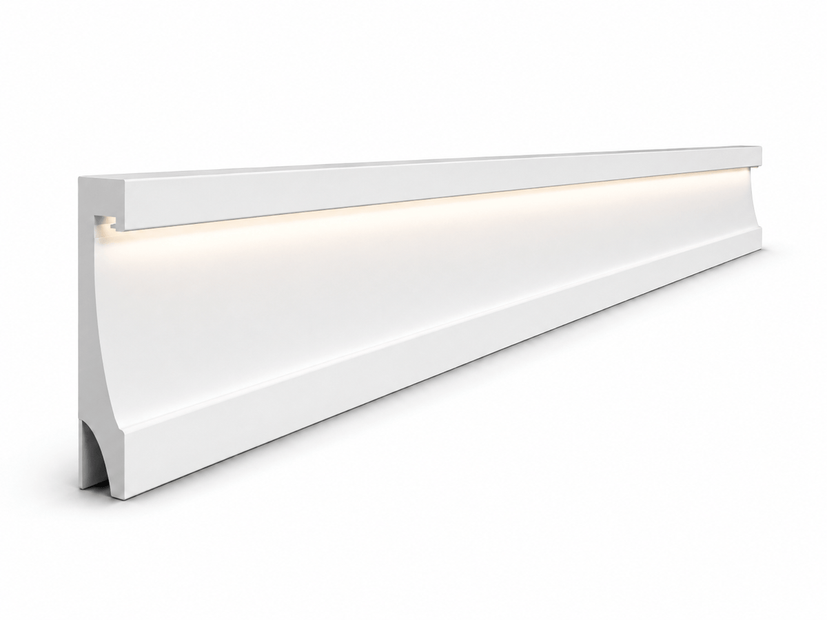 Close view of a white LED baseboard profile and concealed lighting channel