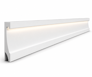 White modern baseboard with built-in LED strip lighting, shown on a plain white background.