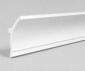 Wallsmark INC White LED Crown Molding with smooth edge installed above decorative white wall panels on gray walls.