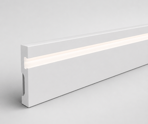 Wallsmark INC White Linear LED Baseboard, rectangular white panel with upper horizontal integrated LED light strip.
