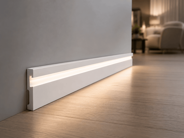White Linear LED Baseboard by Wallsmark INC installed along gray wall with decorative wall panel detailing.