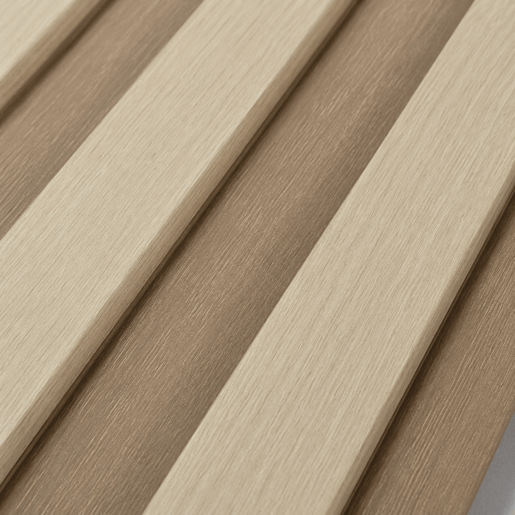 Close-up of parallel slats in alternating light and medium brown shades, highlighting the smooth texture and subtle wood grain patterns of the White Oak Slat Wall PS Panel. The striped, modern design makes these luxury wall panels an elegant choice for contemporary interiors.