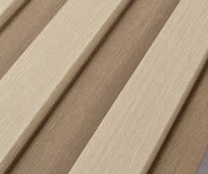Close-up of parallel slats in alternating light and medium brown shades, highlighting the smooth texture and subtle wood grain patterns of the White Oak Slat Wall PS Panel. The striped, modern design makes these luxury wall panels an elegant choice for contemporary interiors.
