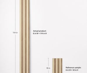Two vertical White Oak Slat Wall PS Panels are displayed against a white background: a large panel (6 in x 114 in) labeled “Actual product” and a smaller panel (6 in x 18 in) labeled “Reference sample.” These luxury wall panels clearly illustrate the striking difference between a full-sized panel and a decorative reference sample, making them ideal for architectural wall panel installations.