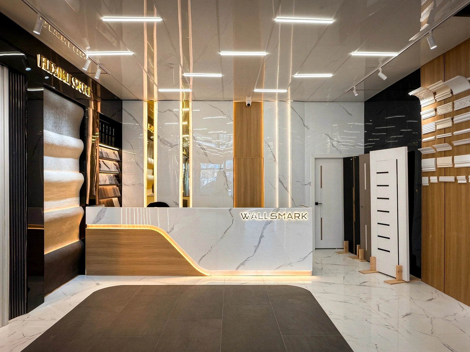 WALLSMARK showroom reception in New Rochelle with wall panels, flexible stone, interior doors and architectural finishes on display