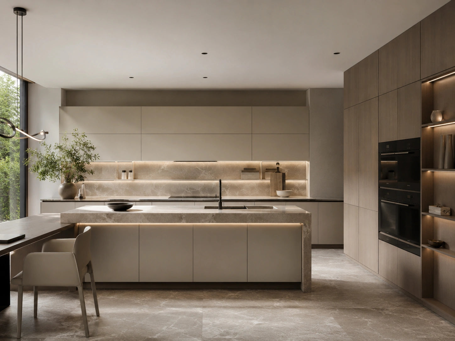 Modern European kitchen with soft neutral slab cabinetry