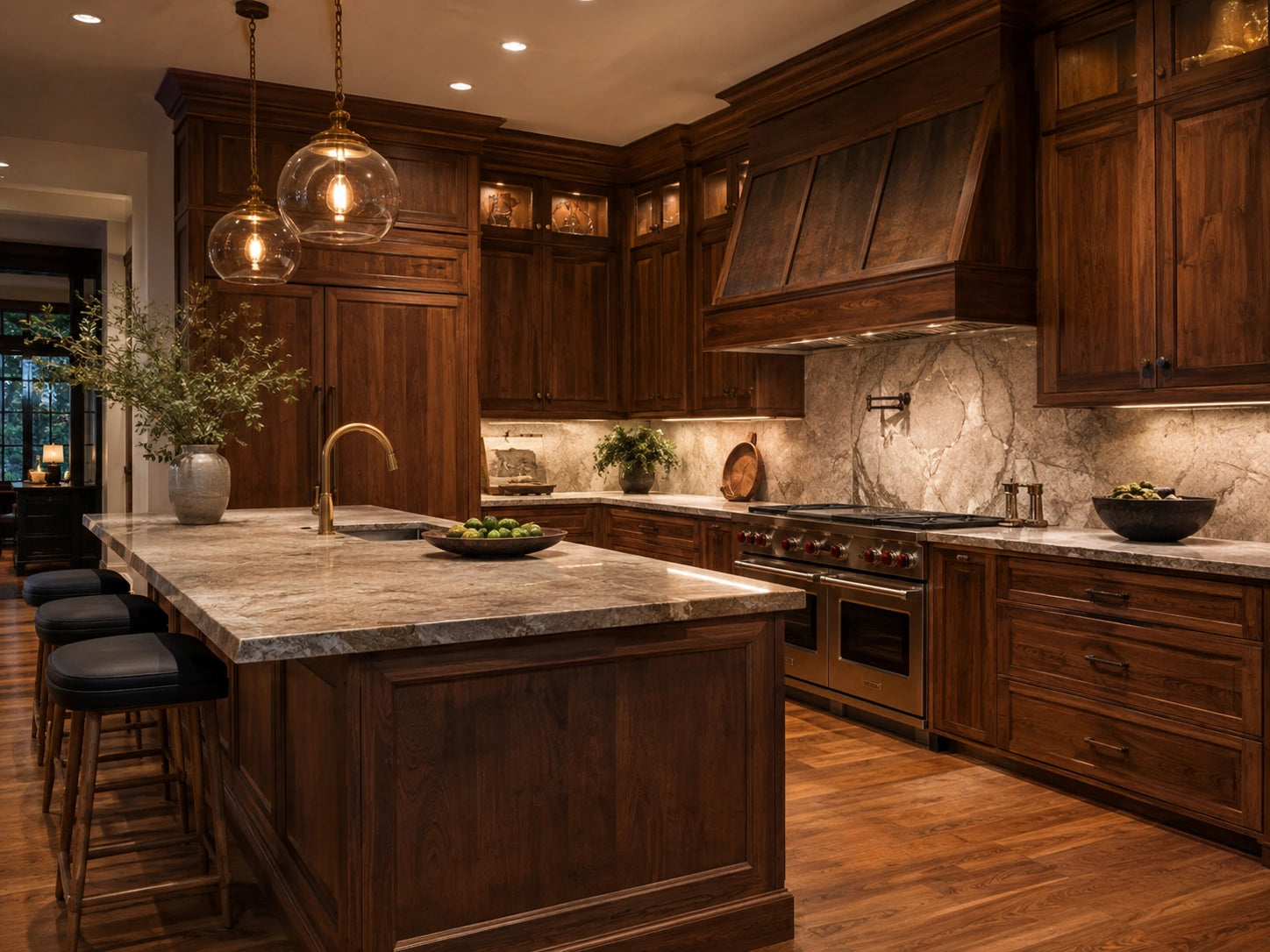 Solid wood kitchen with rich walnut cabinetry
