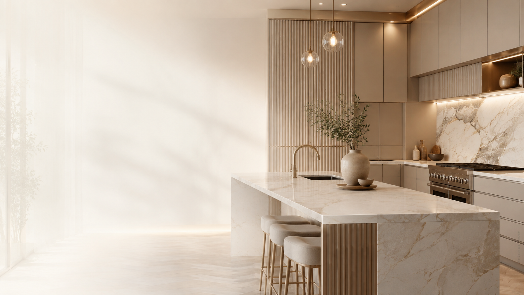 Warm contemporary Wallsmark kitchen with marble island and refined cabinetry